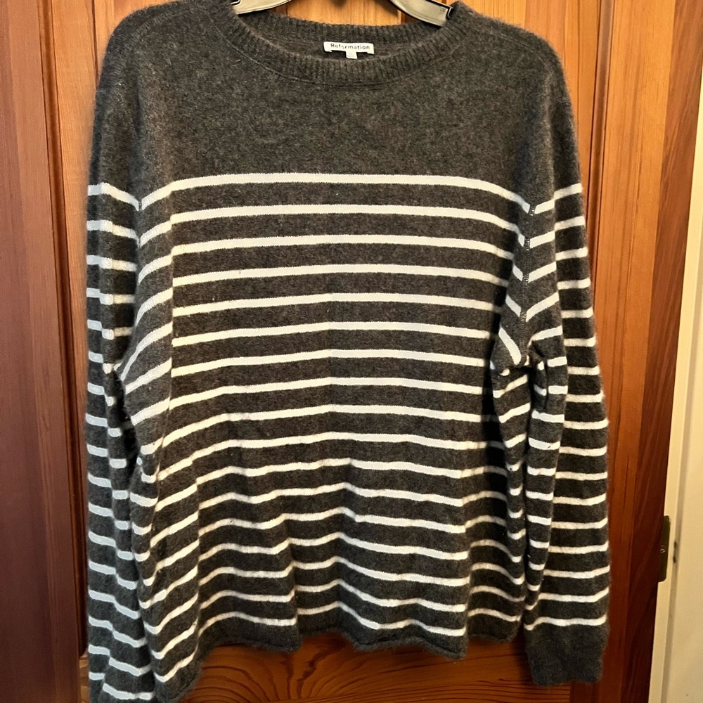 Reformation Gray and White Striped Cashmere Boyfriend Sweater